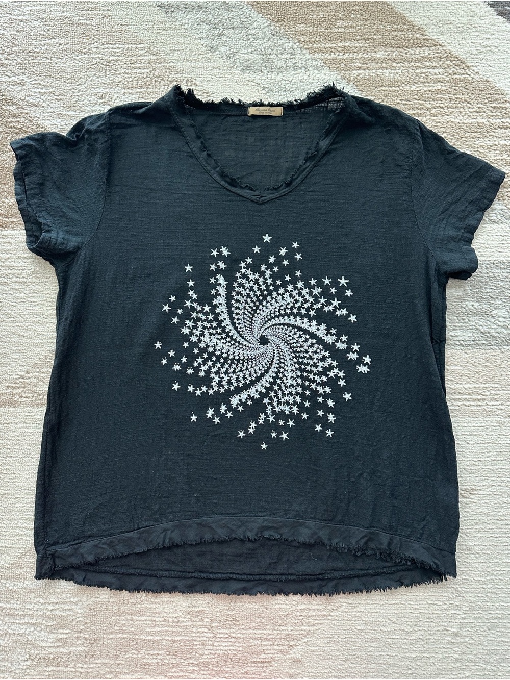 Beyond Capri Made in Italy Black 100% Cotton Top with White Star Swirl One Size